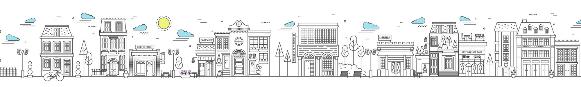 Monochrome seamless urban landscape with city street or district. Cityscape with residential houses and shops drawn with contour lines on white background. Vector illustration in lineart style.